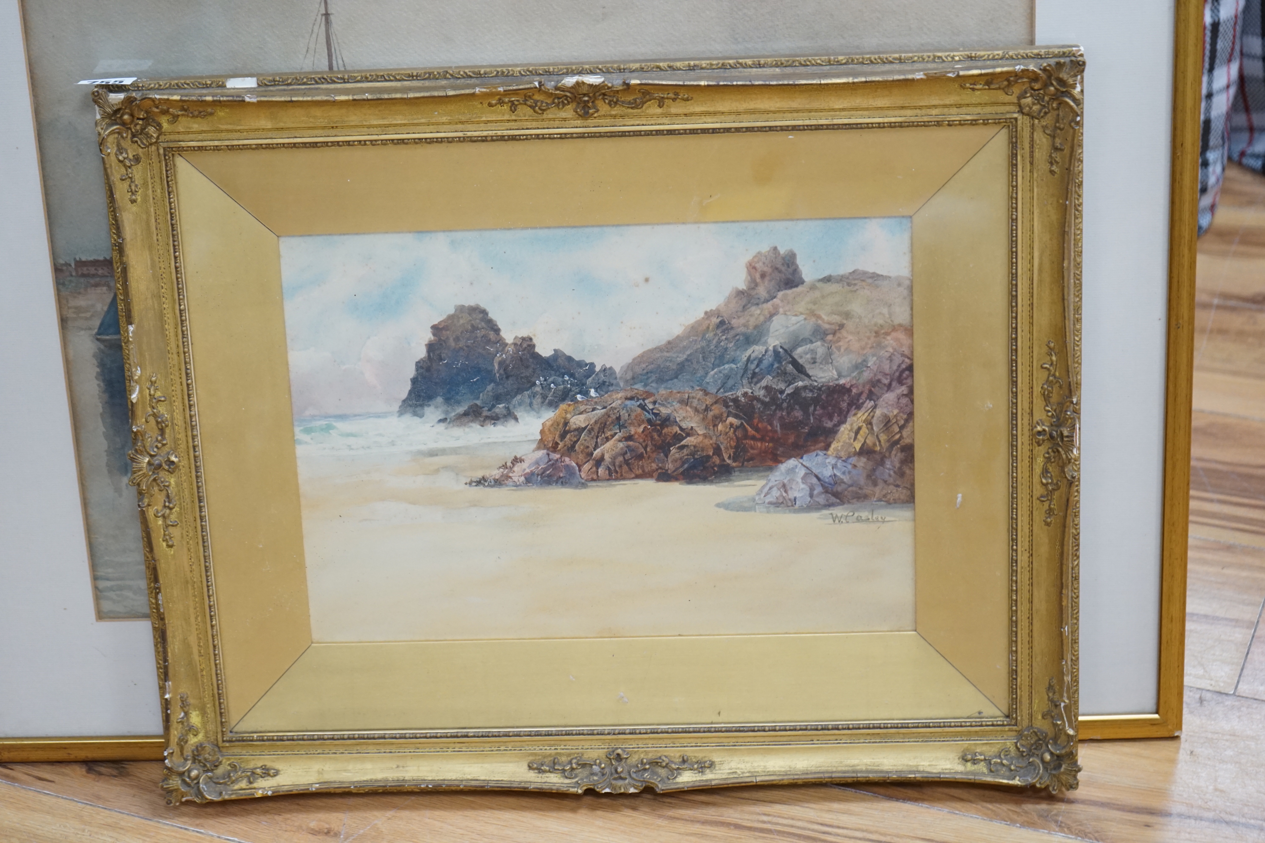 William Casley (1852-1918) watercolour, Coastal landscape with seagulls, signed, 24 x 34cm